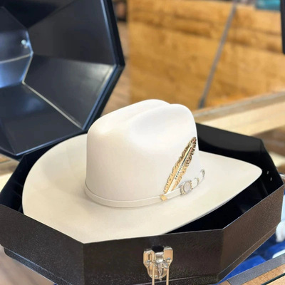 跨境亚马逊LAZADA羊毛骑士帽时尚男士金属羽毛白色羊毛驼峰牛仔帽