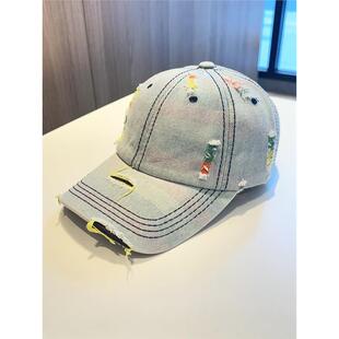 新款 复古破洞彩色牛仔棒球帽男女做旧水洗街头百搭显脸小鸭舌帽子