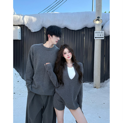 整套高级感灰色毛衣短裤休闲套装