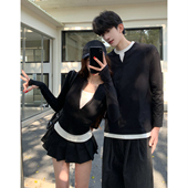 小众设计感情侣装 一衣一裙ins潮 t恤连衣裙两件套法式 春秋韩版 长袖
