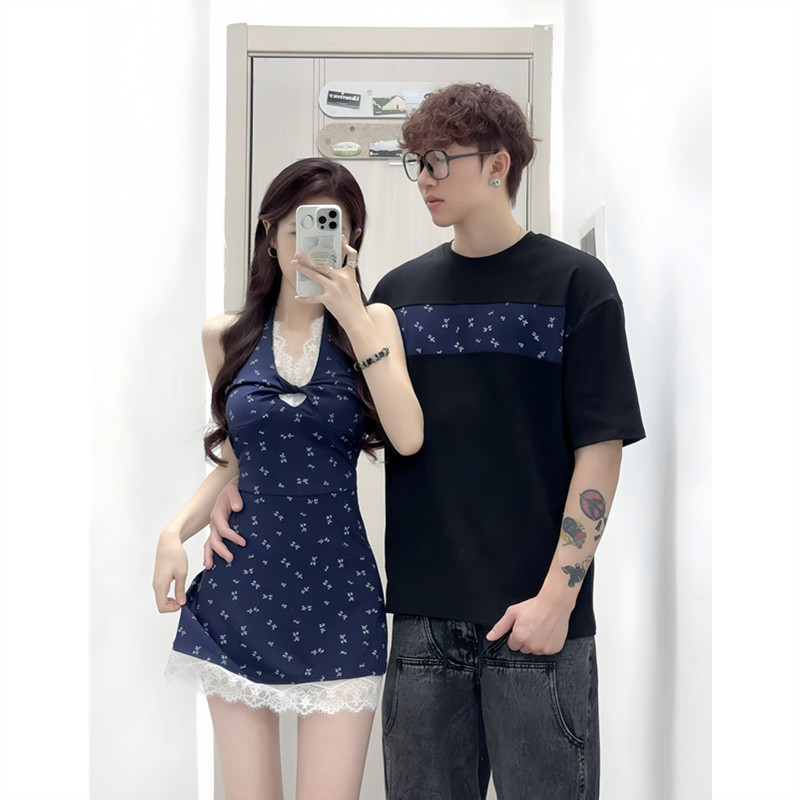 纯欲风收腰显瘦碎花气质挂脖长裙