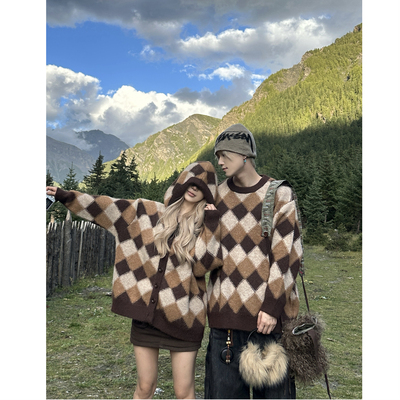 韩系宽松显瘦复古撞色情侣装毛衣