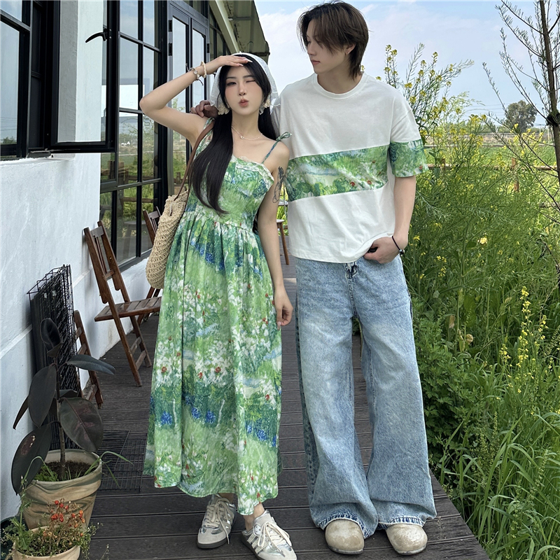 小众夏季绿色碎花收腰显瘦连衣裙