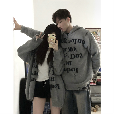 高街美式复古连帽针织衫情侣款