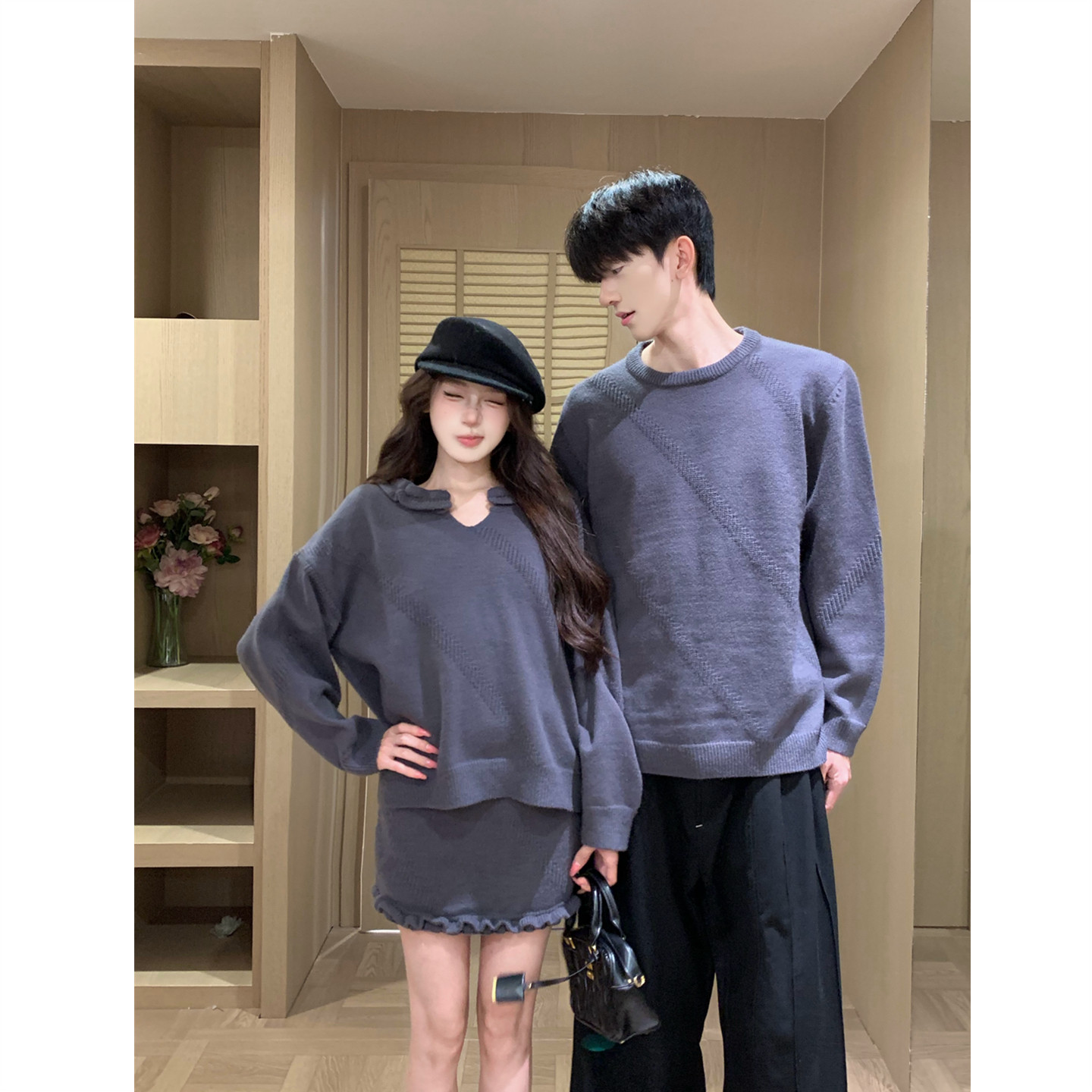 韩系甜美慵懒风毛衣上衣半裙套装图片