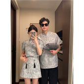 情侣装 夏季 小众设计感短袖 新中式 t恤男女两件套法式 一裙一衣ins潮