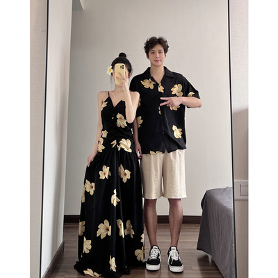 法式气质高级感印花吊带黑色长裙