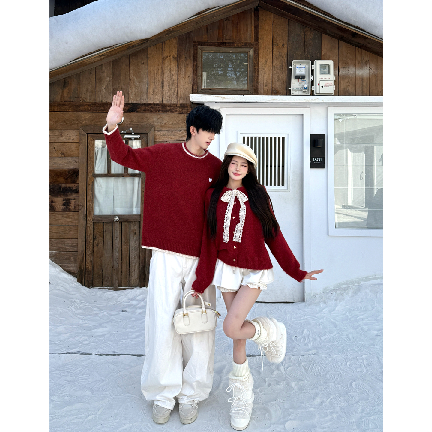 圣诞红色法式温柔气质情侣装毛衣