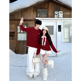 针织衫 宽松法式 外套潮牌 秋冬ins超火毛衣男女韩版 跨年红色情侣装