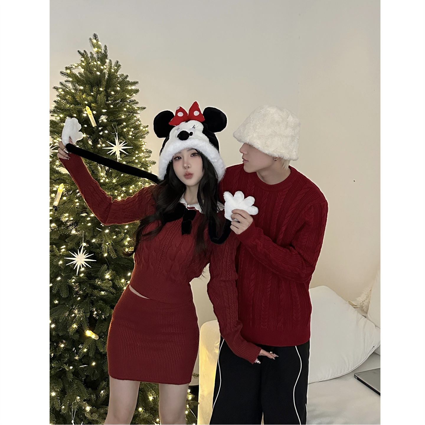 圣诞红色小香风高级针织毛衣套装