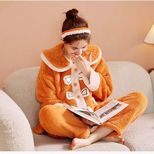 正品乌拉拉公主珊瑚绒睡衣女甜美可爱糯米绒大翻领长袖家居服套装