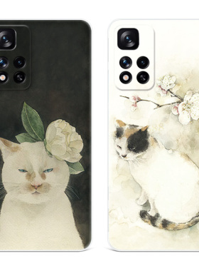 高雅白猫适用小米红米note12手机壳11t文艺油画10pro+可爱卡通小猫咪9/8/7/5探索版4x女款轻薄软十
