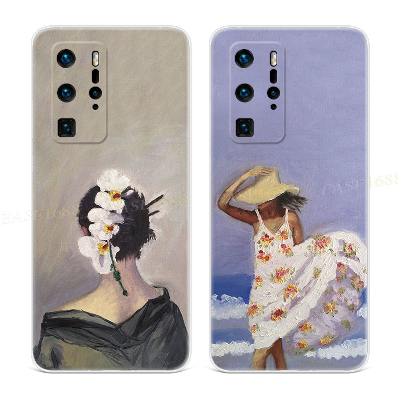 少女背影适用华为p60手机壳P50p40p30p20pro+油画p10p9plus复古文艺欧美风女款软e十art