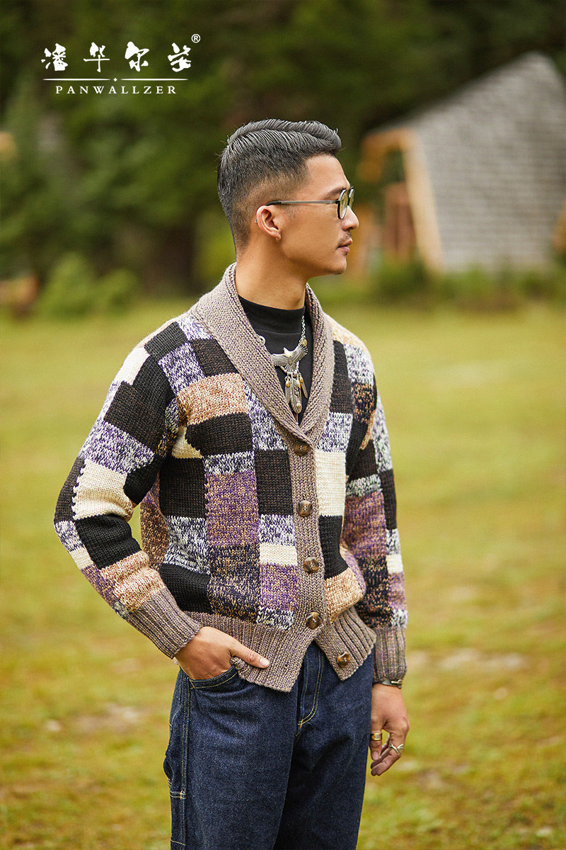 潘毛衣小哥设计新款纯手工织羊毛衫不规则撞色青果领外套秋冬定制