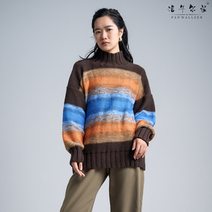潘华尔姿原创手工编织定制纯羊毛撞色渐变套头针织衫女款高级气质