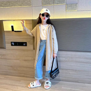 女童外套春秋款2026新款中小童韩版洋气针织开衫儿童连帽长款上衣