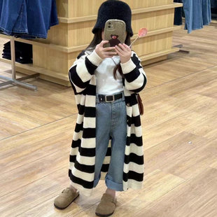 女童针织开衫2026秋新款条纹毛衣中长款慵懒风中小童百搭毛衫外套