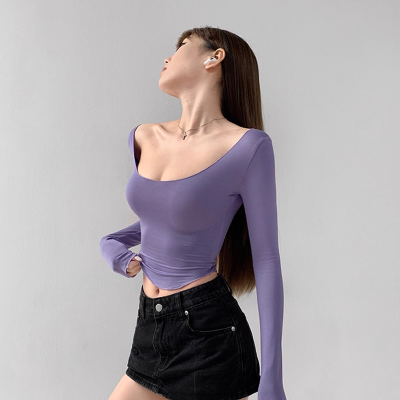 弧形大领口低胸紧身长袖t恤女