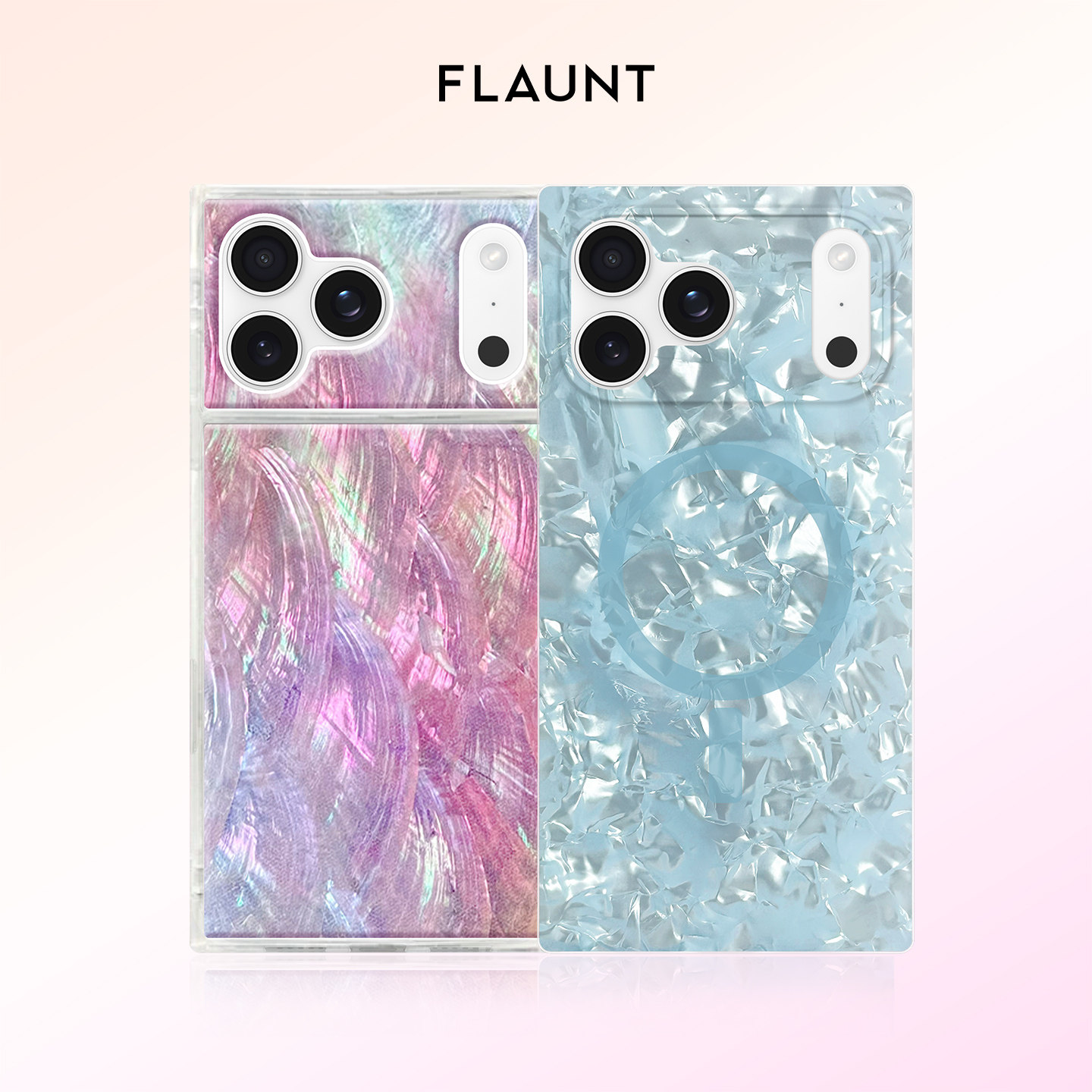 Flaunt 粉彩贝母冰蓝珠光方形手机壳适用iPhone17ProMax/Pro手机壳北美ins风网红明星同款防摔磁吸手机保护套