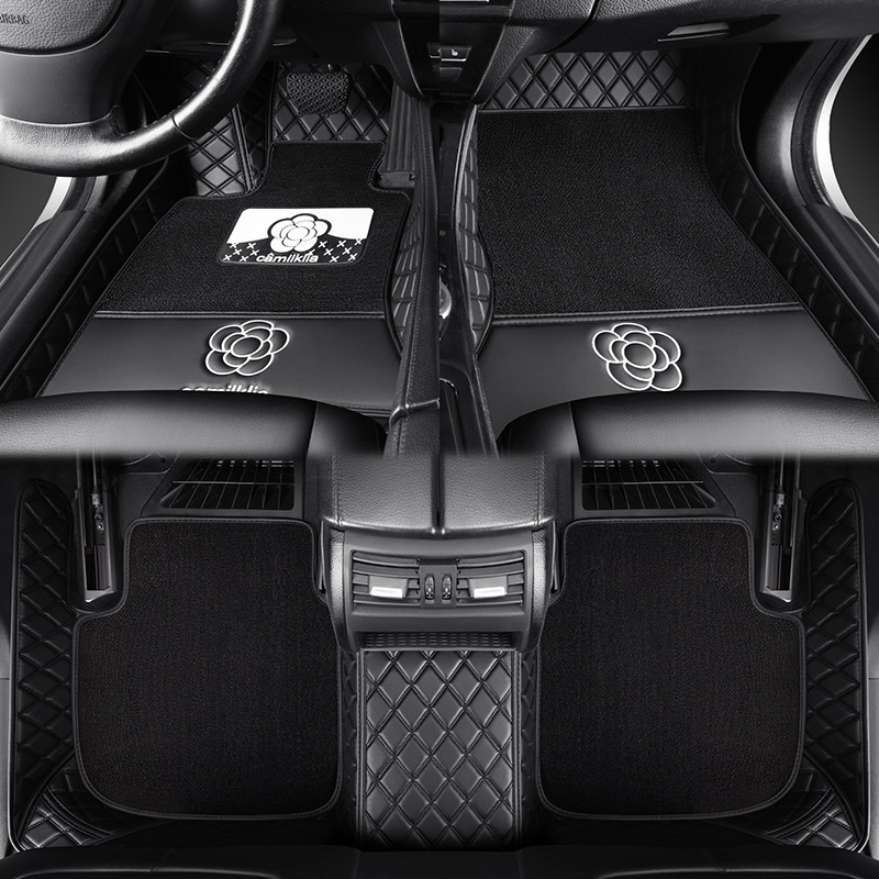 定制女神卡通汽车脚垫刺绣山茶花脚垫纳帕皮刺绣全包围防滑脚踏垫