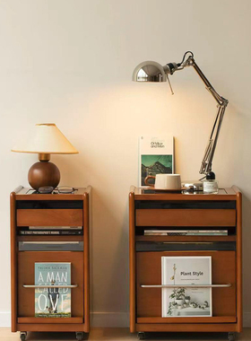 法式网红中古风实木窄床头柜小型家用卧室可移动复古柜子沙发边柜