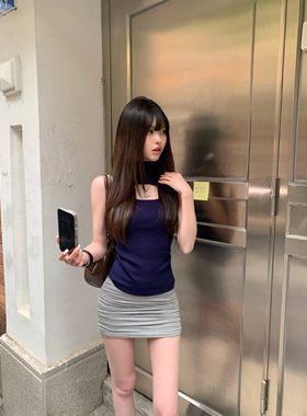 Lovedeath【氛围美神】深蓝色胸前镂空半高领无袖上衣女针织背心