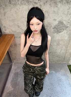 Lovedeath【层次美学】辣妹设计感重工黑色网纱带胸垫吊带背心女