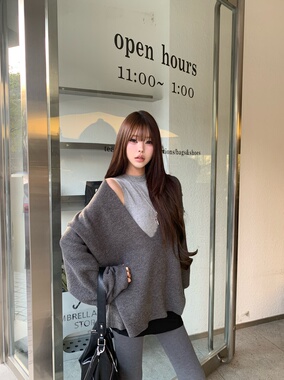 Lovedeath【邻家甜心】深灰色V领针织毛衣女秋冬慵懒松弛感穿搭