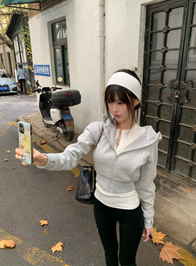 Lovedeath【清冷韩女】灰色短款连帽加绒卫衣女休闲拉链开衫外套