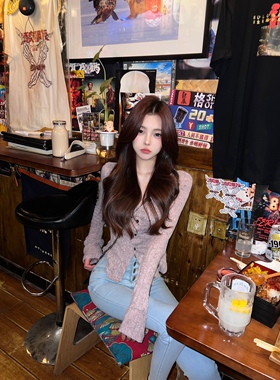 Lovedeath【纯欲辣妹】紫色V领修身针织上衣女韩系长袖纽扣打底衫