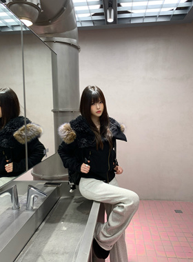 Lovedeath【黑巧恋人】黑色毛领连帽短款外套女冬季加绒棉衣棉服