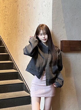 Lovedeath【灰粉世家】短款外套女春秋季休闲韩系灰色夹克棒球服