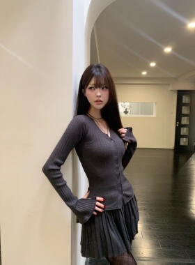 Lovedeath【孤单心事】深灰色针织长袖开衫+百褶短裙套装女两件套