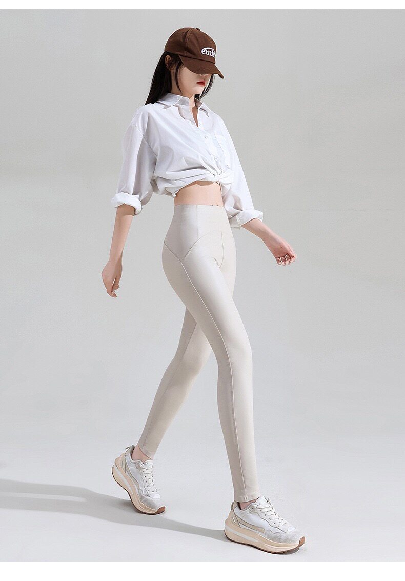 皮裤女外穿秋冬大码弹力紧身ins潮印字机车高腰绵羊裤加绒 打底裤