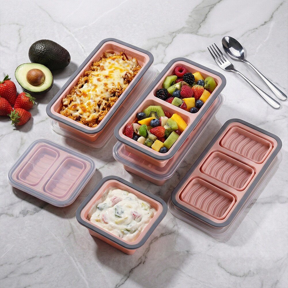 硅胶折叠分格保鲜盒带盖子饭盒可微波炉加热双用冷冻辅食盒冰格盒