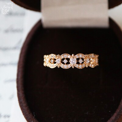 日系SJ圣诞限定同款复古华丽镂空唯美闪烁印花锆石戒指s925银镀金