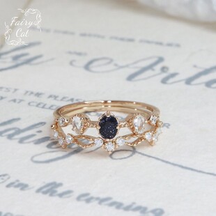 日系nojes 天然蓝沙金石白托帕石镂复古空锆石戒指925银镀金 同款