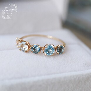 渐变色 天然白蓝托帕石日系戒指指环925银 蓝色托帕石