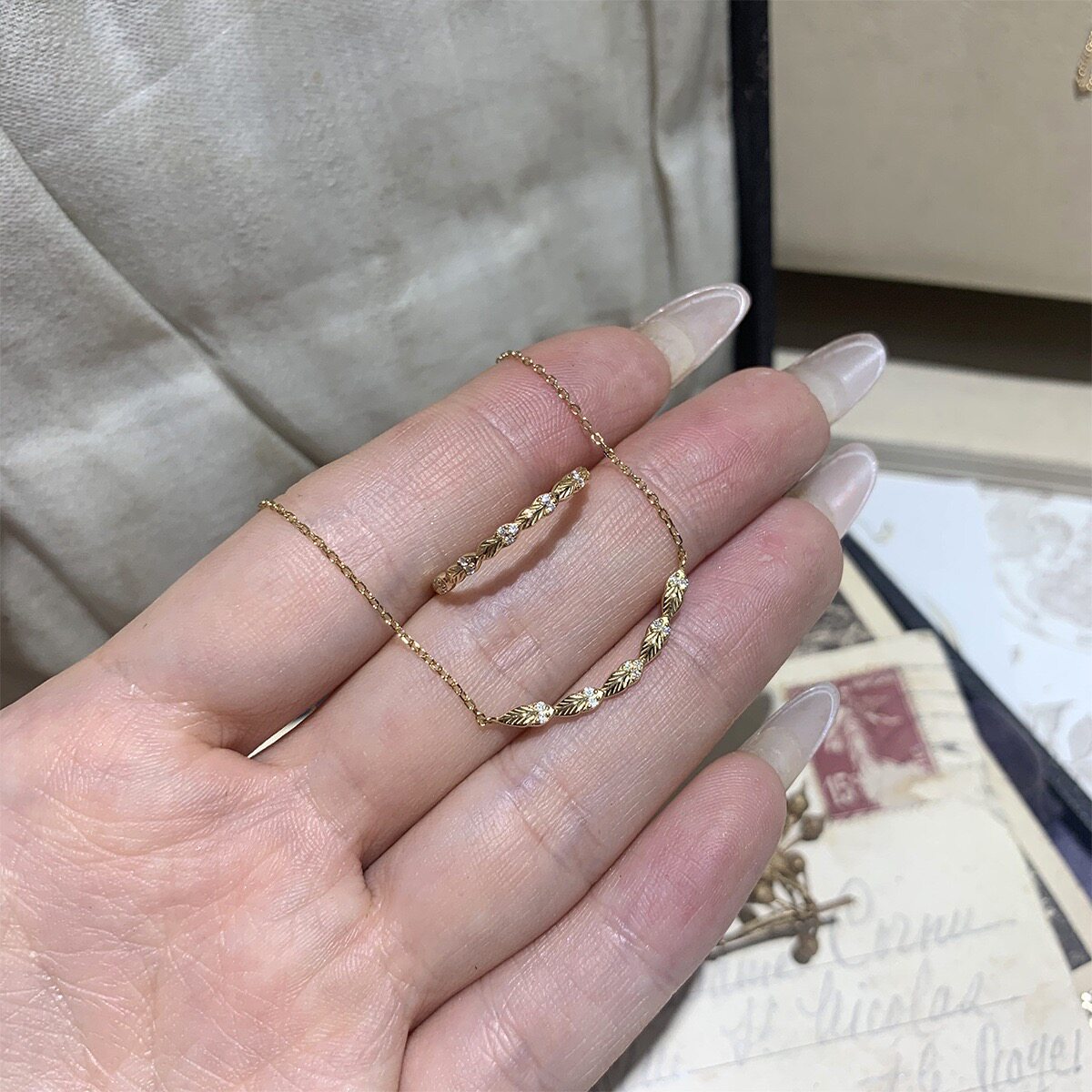 晨雾之叶 ·日系小众浮雕树叶镶钻微笑项链戒指 s925银气质简约