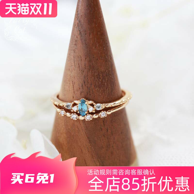 日系新款天然托帕石精致小巧纤细锆石套戒 戒指925银镀金nojes*