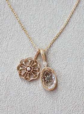 日系镂空蕾丝双吊坠白水晶项链甜美龙心同款精致s925银镀金礼物女