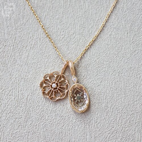 日系镂空蕾丝双吊坠白水晶项链甜美龙心同款精致s925银镀金礼物女