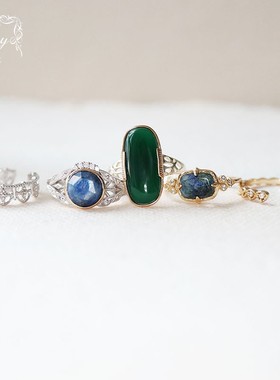 日系*同款复古天然凤凰石/蓝晶石/绿玛瑙蕾丝戒指S925银镀金