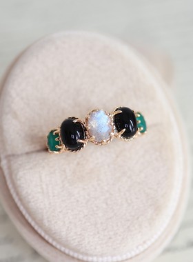 浓郁复古气息日系天然拉长石绿玛瑙戒指小众设计感指环s925银镀金