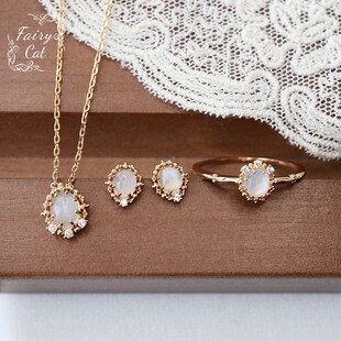 日系nojes*同款天然白月光石猫眼花边椭圆戒指项链耳钉银镀金饰品