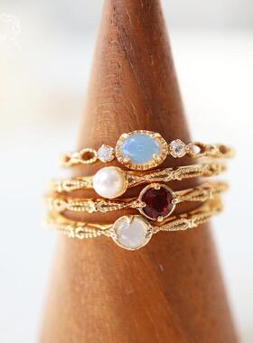 日系nojes*风天然欧泊/珍珠/石榴石/白色月光石纤细镂空戒指银饰