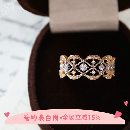 日系SJ圣诞限定同款复古华丽镂空唯美闪烁印花锆石戒指s925银镀金