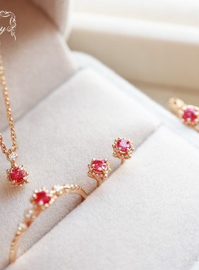 日系复古nojes*同款合成红宝石镂空印花宫廷戒指耳环项链S925银饰