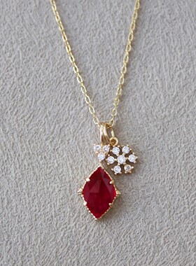 显白百搭款~复古日系玫红色红刚玉雪花双吊坠项链925银镀金锁骨链