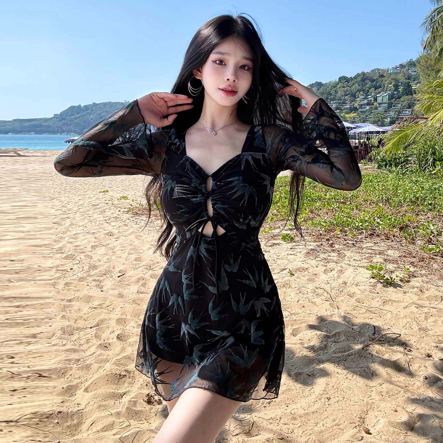 金格尔中式国风独特漂亮泳衣女款连体长袖大码胖mm遮肉保守游泳衣